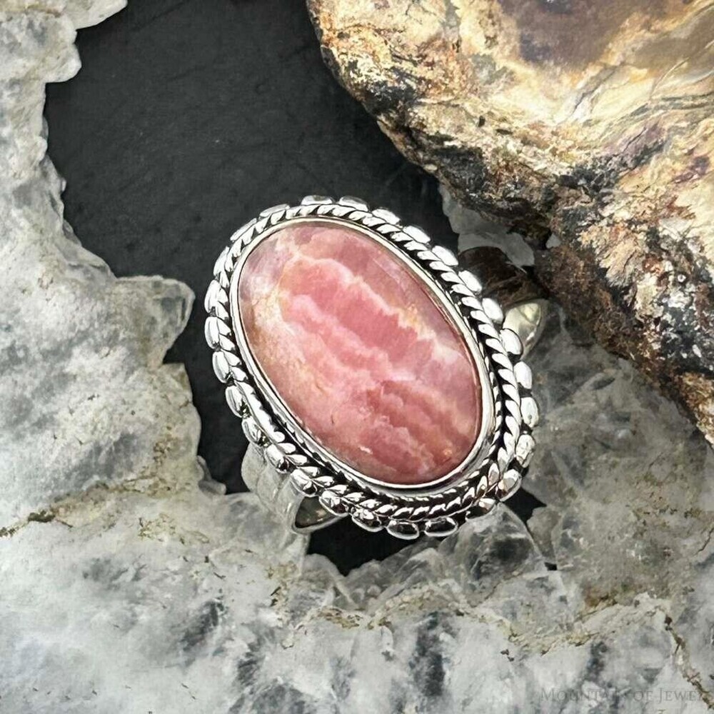 Sterling Silver Southwestern Style Oval Rhodochrosite Ring Size 7 For Women